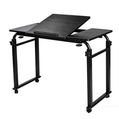 Overbed Laptop Cart Over The Bed Table with Wheels Adjustable Bed Hospital | Height length adjustable portable table hospital bed table tilting top recliner sofa bed table sturdy mobile rolling desk - color: Black