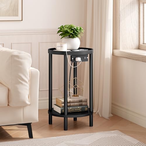 HOOBRO Small Round Side Table with Charging Station, 2-Tier Round Bamboo End Table, Compact Sofa Bedside Table for Small Space, Easy Assembly, for Living Room, Bedroom, Apartment, Black BB156UBZ01 - color: Black