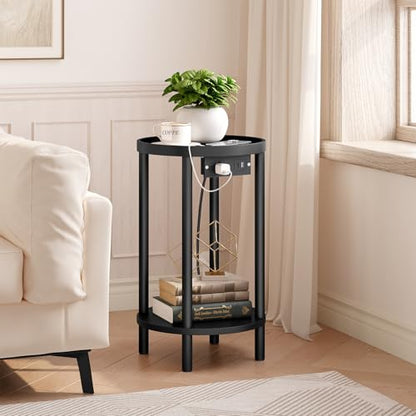 HOOBRO Small Round Side Table with Charging Station, 2-Tier Round Bamboo End Table, Compact Sofa Bedside Table for Small Space, Easy Assembly, for Living Room, Bedroom, Apartment, Black BB156UBZ01 - color: Black