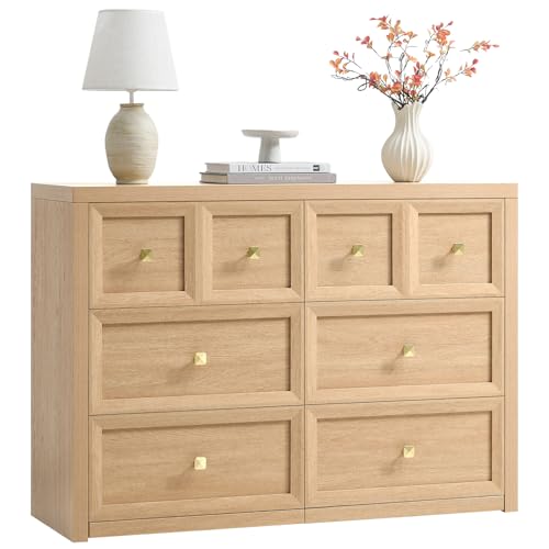 6 Drawers Dresser for Bedroom-46.5" Wide Wooden Chest of Drawers with Large Storage, Farmhouse Closet Dressers with Drawers, Long Dresser TV Stand for Living Room Bedroom, Natural Oak - color: Natural Oak, size: 15.5"D x 46.5"W x 33.6"H (6 Drawers)