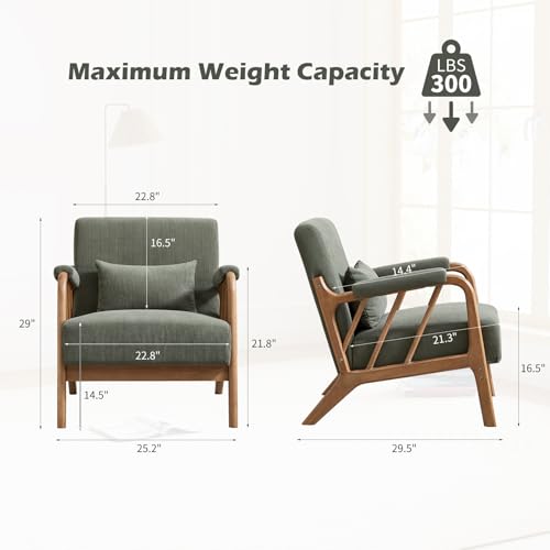 IOMOR Mid Century Modern Accent Chair with Solid Wood Frame, Upholstered Living Room Chairs with Lumbar Cushion Padded Arms, Reading Armchair for Bedroom (1, Olive Green) - color: Olive Green