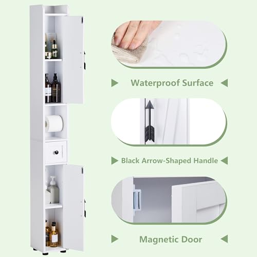 VECELO Tall Narrow Storage Cabinet with Adjustable Shelves, Slim Freestanding Bathroom Cabinet with Toilet Paper Holder, 2 Magnetic Doors & Drawer, for Small Spaces, 7.9" D x 7.9" W x 67" H, White - color: Cabin Top