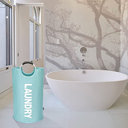 DOKEHOM 90L Large Laundry Basket Bag, Collapsible Tall Hamper, Light Blue | Freestanding tall washing bin & foldable laundry bag. High-capacity clothes storage basket with durable sturdy handles - color: Light Blue, size: 90L