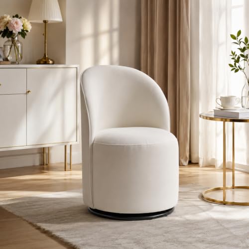 KEIKI Swivel Barrel Dining Chair, Velvet Upholstered Vanity Chair, Cream | Mid Century Modern Style, Round Armless Design, Curved Back Support, Small Space Seating, Dining, Vanity Or Accent Use - color: Cream