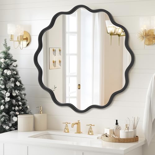 PROHOMEWARE Black Round Mirror 28 Inch Wavy Bathroom Vanity Mirror Gold Frame Modern Wall Mirror Decorative Wall-Mounte Anti-Rust, Tempered Glass - color: Black, size: 28"L x 28"W