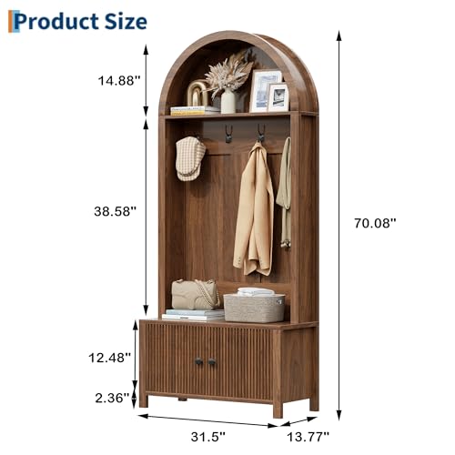 Hall Tree with Bench and Shoe Storage, 4-in-1 Mudroom Entryway Coat Rack & Shoe Storage Cabinet with 4 Hooks, Farmhouse Style Furniture Organizer for Hallway, Foyer, Walnut - color: Walnut-1
