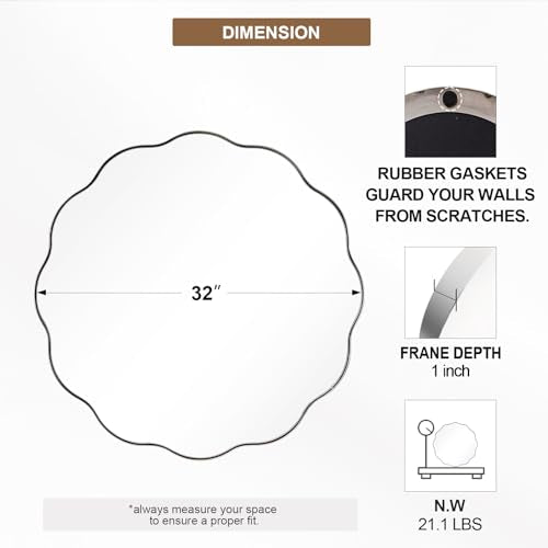 Chrome Round Wall Mirror 32 inch, Polished Metal Frame Circle Bathroom Mirror in SUS304 Stainless Steel Frame, with Unique Modern Circular Wavy Design - color: Chrome, size: 32"L x 32"W