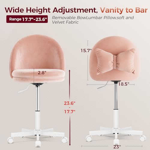 GTPLAYER Velvet Tall Office Chair with Wheels Vanity Chairs with Back, Versatile Height Use: Office to Bar Stools Small Ergonomic Comfy Armlees Computer Desk Chair with Bow Lumbar Pillow for Gift - color: Ve-pink