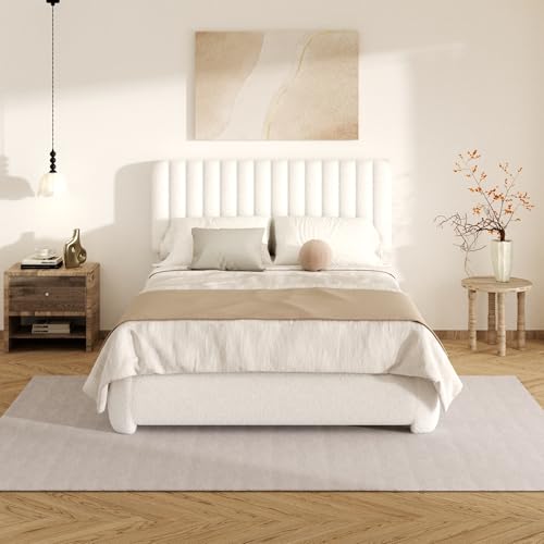 Full Size Cloud Bed Frame, Upholstered Boucle Platform Bed with Round Corner Adjustable Headboard, Modern Style, No Box Spring Needed, Never Squeak, Easy Assembly, White - color: Beige, size: Full