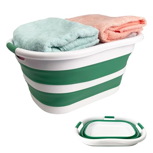 SAMMART 40L (10.5 gallon) Collapsible Plastic Laundry Hamper - Foldable Pop Up Storage Container/Organizer - Portable Washing Tub - Space Saving Basket (1, White/Winter Green) - color: White/Winter Green