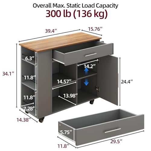 Kitchen Island with Storage, 39 Inch Rolling Kitchen Island on Wheels, Grey | 3-Tier Spice Rack, Drawer Storage, Adjustable Shelf & Towel Rack, Casters, Mobile Island Table for Kitchen, Dining Room - style: GREY