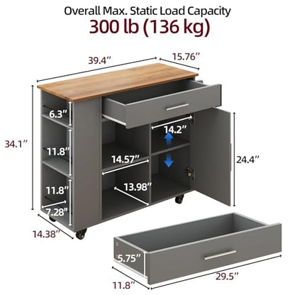Kitchen Island with Storage, 39 Inch Rolling Kitchen Island on Wheels, Grey | 3-Tier Spice Rack, Drawer Storage, Adjustable Shelf & Towel Rack, Casters, Mobile Island Table for Kitchen, Dining Room - style: GREY