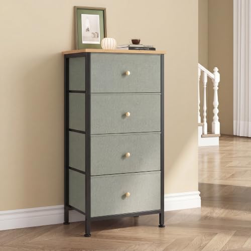 DUMOS Nightstand with 4 Drawers, Bedside Table with Removable Fabric Bins, Sturdy Steel Frame Wood Top Organizer Furniture for Bedroom Closet Living Room, Ink Green - color: Ink Green, size: 11.8"D x 17.7"W x 37.4"H (4 Drawers)
