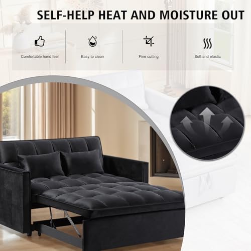 3 In 1 Velvet Convertible Sofa Bed, Pull Out Couch Bed with Reclining Backrest And 2 Pillows, 54" Full Size Loveseat Sleeper Sofa Futon Couch Beds, Couches For Small Spaces, Living Room (Black) - color: Black