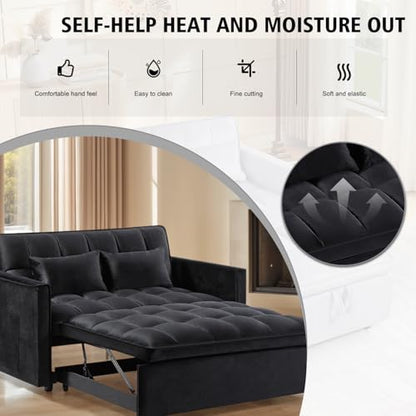 3 In 1 Velvet Convertible Sofa Bed, Pull Out Couch Bed with Reclining Backrest And 2 Pillows, 54" Full Size Loveseat Sleeper Sofa Futon Couch Beds, Couches For Small Spaces, Living Room (Black) - color: Black