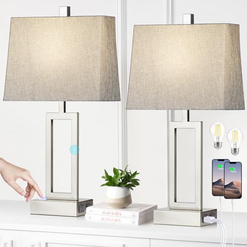 Lolikit 23.5" Touch Control Table Lamps, Metal Bedside Lamp for Bedroom Set of 2 with USB A+C Ports & AC Outlet, 3-Way Dimmable Nightstand Lamp for Living Room (LED Bulb Included) - color: Silver - 23.5"H