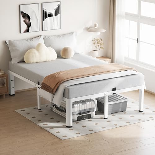 20 Inch White Full Bed Frame with Round Corners No Box Spring Needed | 3500lbs Heavy Duty, Under bed storage, 4 mattress stoppers, Headboard holes, Noise-free, Easy assembly & rubber covers - size: Full, style: 20 Inch White