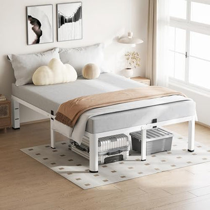 20 Inch White Full Bed Frame with Round Corners No Box Spring Needed | 3500lbs Heavy Duty, Under bed storage, 4 mattress stoppers, Headboard holes, Noise-free, Easy assembly & rubber covers - size: Full, style: 20 Inch White