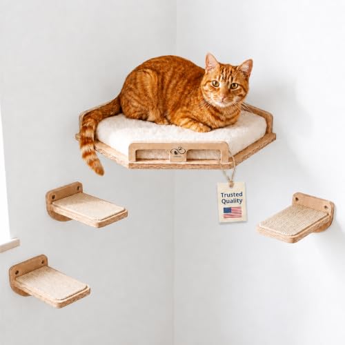 Cat Wall Shelves, Solid Wood Corner Bed, 3 Steps, Up to 25 lb, Wood | Cushion included; 2 washable covers, cotton and plush; secures across two walls - color: Natural Wood