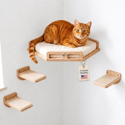 Cat Wall Shelves, Solid Wood Corner Bed, 3 Steps, Up to 25 lb, Wood | Cushion included; 2 washable covers, cotton and plush; secures across two walls - color: Natural Wood