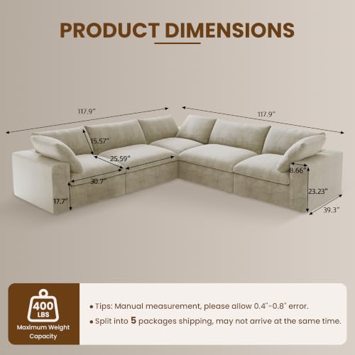 120" Cloud Modular Sofa, Convertible Modular V-Shaped Couch with Storage Ottoman, Cotton Linen Fabric Sofa for Living Room, Apartment and Bedroom, Removable Covers, 2 Pillows, Khaki - color: Khaki, size: V-Shape