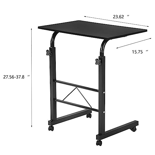 Sofa Side Table C Shaped End Table with Wheels, Black Rolling Bedside Laptop Table Snack Table TV Tray, Height Adjustable, Wooden Top & Metal Frame - color: Black, 23.6"-style 2