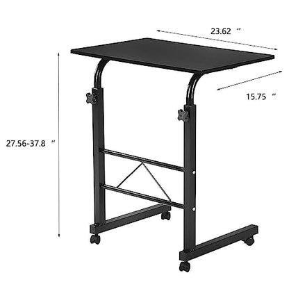 Sofa Side Table C Shaped End Table with Wheels, Black Rolling Bedside Laptop Table Snack Table TV Tray, Height Adjustable, Wooden Top & Metal Frame - color: Black, 23.6"-style 2