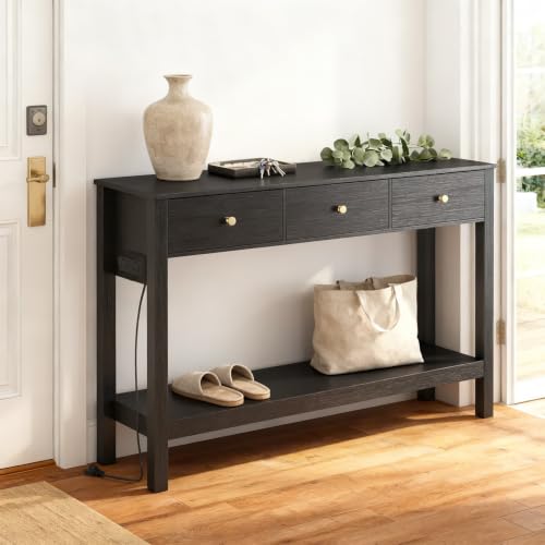 Gizoon Sofa Table with Outlets and USB Ports | Console Table with 3 Drawers, Narrow Long Storage Shelves for Living Room, Couch, Hallway, Foyer, Entryway, Black - color: Black, size: 51"W with Outlets