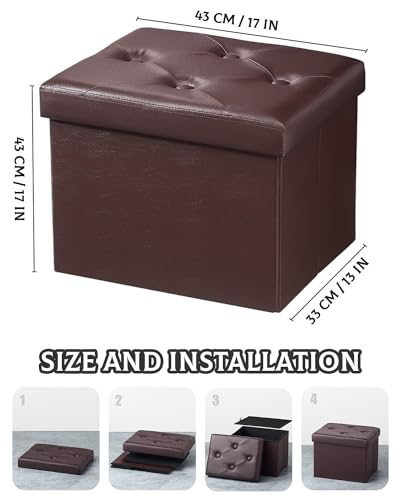 Ottoman with Storage Foot Stool, 17 Inches Folding Storage Ottomans, Leather Upholstered Ottoman Foot Rest with Side Pockets, Suitable for Living Room, Bedroom, Cafe (Brown Rhombus) - size: 17"D x 12.5"W x 12.5"H