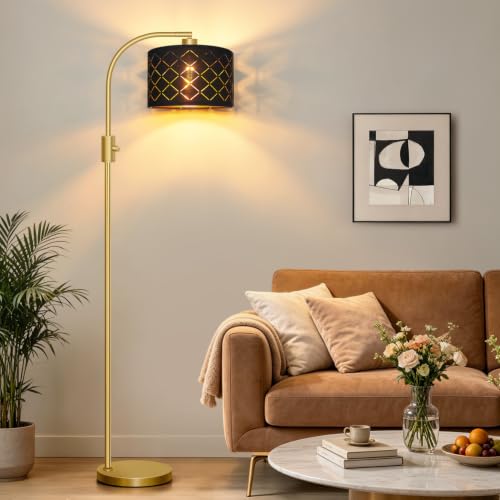 Nintiue Dimmable Floor Lamp, 1200 Lumens LED Edison Bulb Included, Arc Gold Floor Lamps for Living Room Modern Standing Lamp with Black Grid Shade - color: Gold - Black & Gold Shade