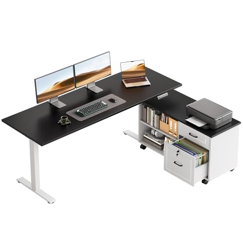 55" L Shaped Electric Standing Desk with Cabinet Sets, Black/White | Mobile Drawers & File Cabinet Sets for Flexible Layout, Height Adjustable Executive Stand Up Desk for Home Office Workstation - color: Black+white, size: 55 Inch