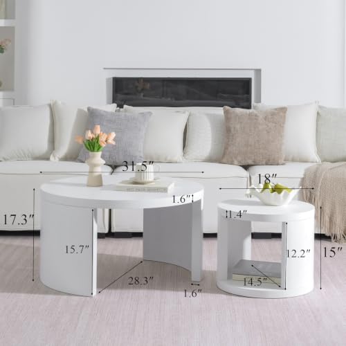 Round Nesting Coffee Table Set of 2, 31.5 & 18 in, White | White nesting coffee table, round coffee tables for living room, rounded edges, space-saving design - color: White