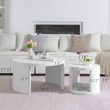 Round Nesting Coffee Table Set of 2, 31.5 & 18 in, White | White nesting coffee table, round coffee tables for living room, rounded edges, space-saving design - color: White