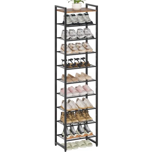 Narrow Shoe Rack 10-Tier, Tall Shoe Organizer for Small Spaces | Rustic Brown and Black, Holds Up to 22 Pairs, for Closets, Entryways, Garage, Dorm Rooms, Reinforced Wire Shelves, Wood Top - color: Rustic Brown and Black, size: 10 Tier
