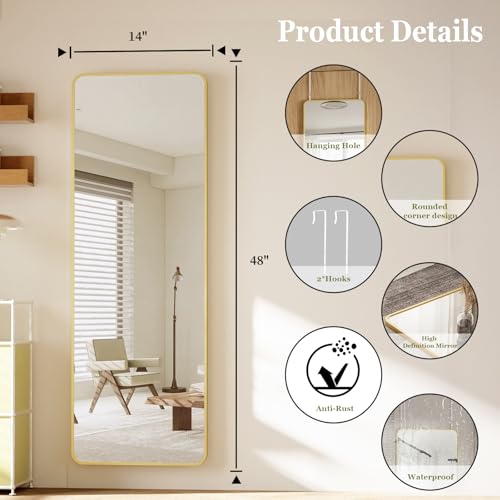 BEAUTYPEAK Over The Door Mirror Full Length 14"x48", Full Body Mirror, Gold | Shatterproof Tempered Glass and Aluminum Alloy Frame, No-Drilling Hanging or Wall Mount, For Bedroom, Dorm - color: Re-gold, size: 48"L x 14"W