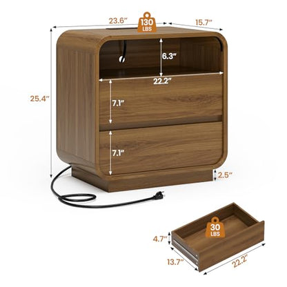 HAUOMS 23.6" Wide Wood Bedside Table, Curved Profile Design, Walnut | Charging Station, 2 Storage Drawers, 25" Tall Nightstand, Large Mid Century End Table, Bedroom/Living Room, Easy Assembly - color: Walnut