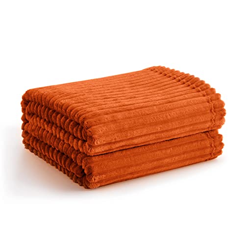 Vessia Flannel Fleece Orange Throw Blanket for Couch, Lightweight Warm Cozy Soft Striped Bed Throw for Adults and Kids, Microfiber Ribbed Sofa Blanket for All Season - color: Burnt Orange, size: 50x60 inch