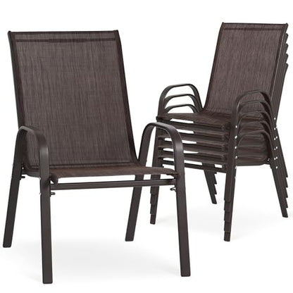 24.4" Wide Outdoor Stackable Chairs Set of 6 | Stacking Patio Chairs with Textilene Fabric, Outside Furniture for Garden Backyard Balconie Poolside Deck, Brown - color: 6 Brown Chairs