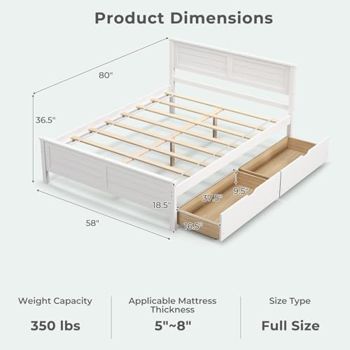 GIANTEX Wood Full Size Bed Frame with 2 Storage Drawers, Solid Wood Platform Bed with Headboard, Wooden Slats Mattress Foundation, No Spring Needed, Full Bed Frame for Kids, Teens, Adults, White - color: White, size: Full