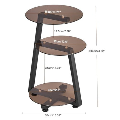 BEWISHOME Small Round Side Table, End Table with Storage Shelves, Tawny | Metal Frame, 3-Tier Shelves, Accent Table Nightstand Bedside Table, Tempered Glass Surface, KTZ41S - color: Dark Brown, size: without PowerOutlet