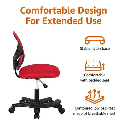 Amazon Basics Kids Adjustable Height Mesh Low-Back Swivel Desk Chair with Footrest, Rolling Computer Task Study Chair, Breathable, Red - color: Red