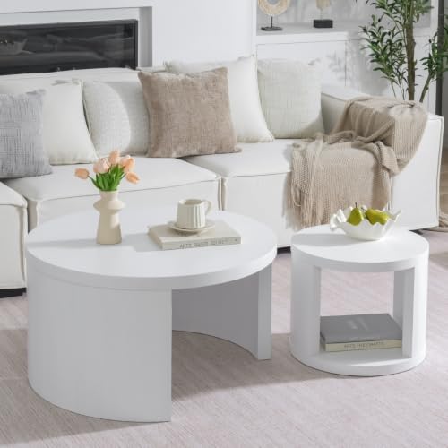 Round Nesting Coffee Table Set of 2, 31.5 & 18 in, White | White nesting coffee table, round coffee tables for living room, rounded edges, space-saving design - color: White