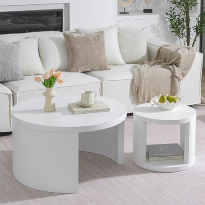 Round Nesting Coffee Table Set of 2, 31.5 & 18 in, White | White nesting coffee table, round coffee tables for living room, rounded edges, space-saving design - color: White