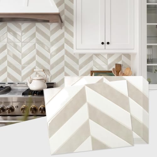 STICKGOO Herringbone Peel and Stick Backsplash, White & Beige, 10 Sheets | 12.6 x 9.7 in, Thicker Rectangular Vinyl Stick-On Wall Tiles, Easy Alignment, Waterproof, Easy to Clean, Kitchen/Bathroom - color: White & Beige, size: Pack of 10
