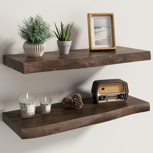 Fun Memories Solid Elm Wood Live Edge Floating Shelves for Wall, 24 x 8 Inch Rustic Wall Shelves Set of 2 with Invisible Brackets for Living Room Bedroom Kitchen, Walnut - color: Walnut Finish, size: 24", 2-Pack