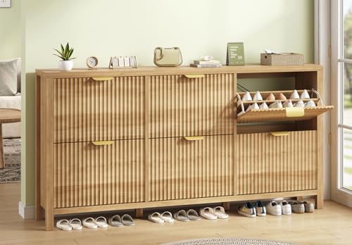 63" Shoe Cabinet Storage for Entryway, Fluted Shoe Cabinet with 6 Flip Drawers, Hidden Shoe Rack Freestanding Wooden Shoe Organizer with Legs for Hallway, Oak - color: Natural Oak, size: 6 Drawers - Wide