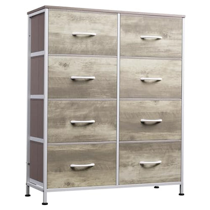 WLIVE Fabric Dresser for Bedroom, Tall Dresser with 8 Drawers, Storage Tower with Fabric Bins, Double Dressers, Chest of Drawers for Closet, Living Room, Hallway, Greige | Greige 8-drawer tall storage tower with fabric bins and wood tabletop, breathable n