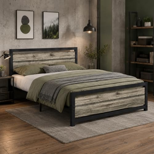 Queen Bed Frame with Headboard, Queen Metal Platform Bed Frame with Steel Slat Support, 10.5 in Storage Clearance, No Box Spring Needed, Easy Assembly, Wash Grey - color: Wash Grey, size: Queen