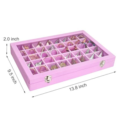Siveit Velvet Jewelry Tray 48 Grid Jewelry Display Tray Organizer Box with Transparent Lid Rings Earrings Necklaces Pendants Display Box Suitable for Women and Girls (Pink) - color: Pink