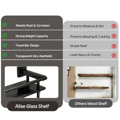 Alise Bathroom Shelf with Towel Bar,16 Inch Matte Black Glass Shelf | Floating Bathroom Glass Shelves,Tempered Glass,SUS304 Stainless Steel - color: Matte Black, size: 16 In